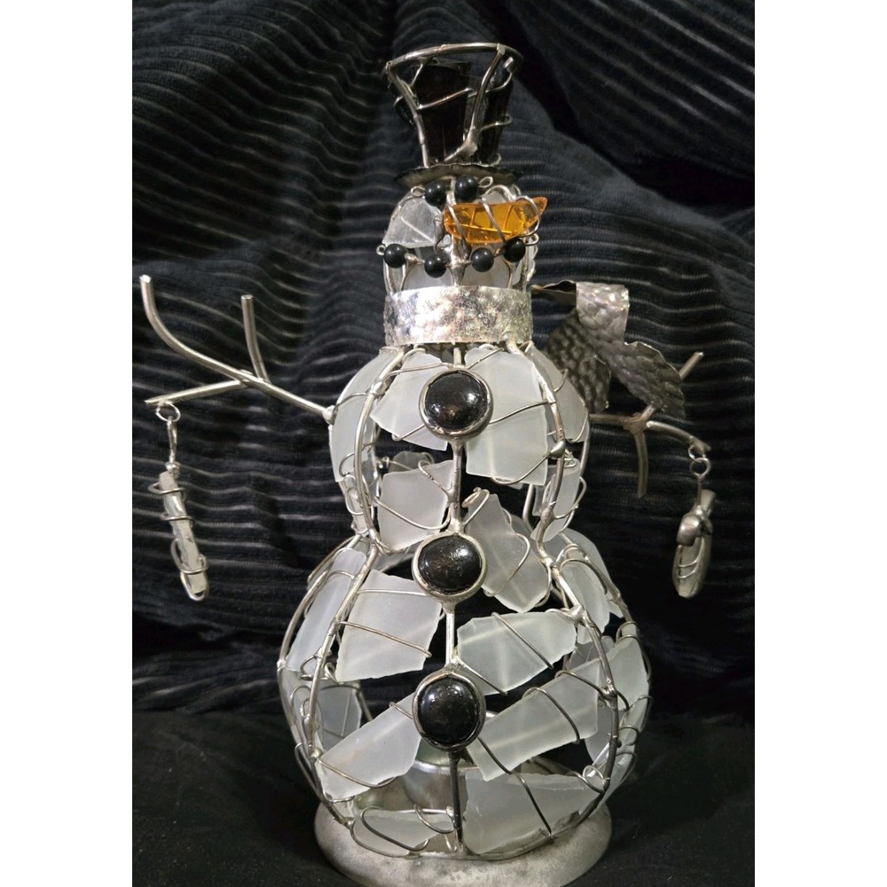 Snowman Wire Frosted Glass 9" Tea Light Candle Holder Sea Glass Winter Holiday